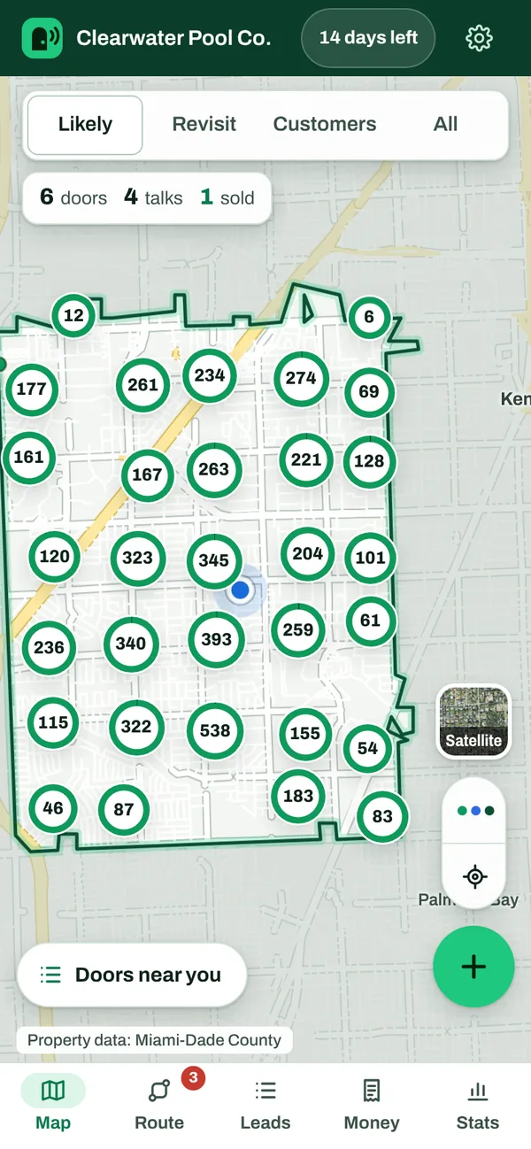 DoorDing map with aerial photo and a pin on every house