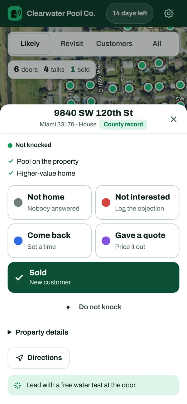 Logging a knock: not home, not interested, come back, quote or sold