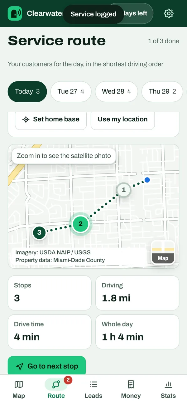 Service route with stops in driving order and drive time