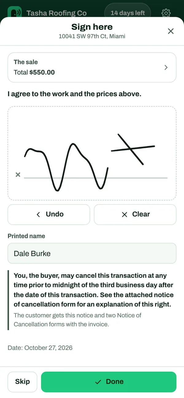 Customer signing the sale with a finger, with the 3-day cancellation notice